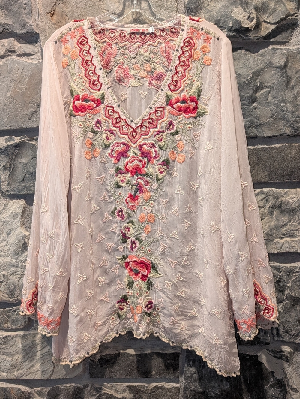 Johnny Was Pastel Pink Long Sleeve Tunic Embroidered Florals Women's LG NICE